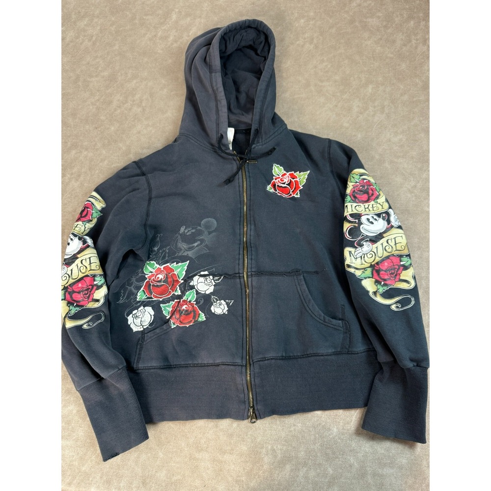 Disney Parks Womens Mickey Mouse Rose Tattoo Zip Hoodie Black M